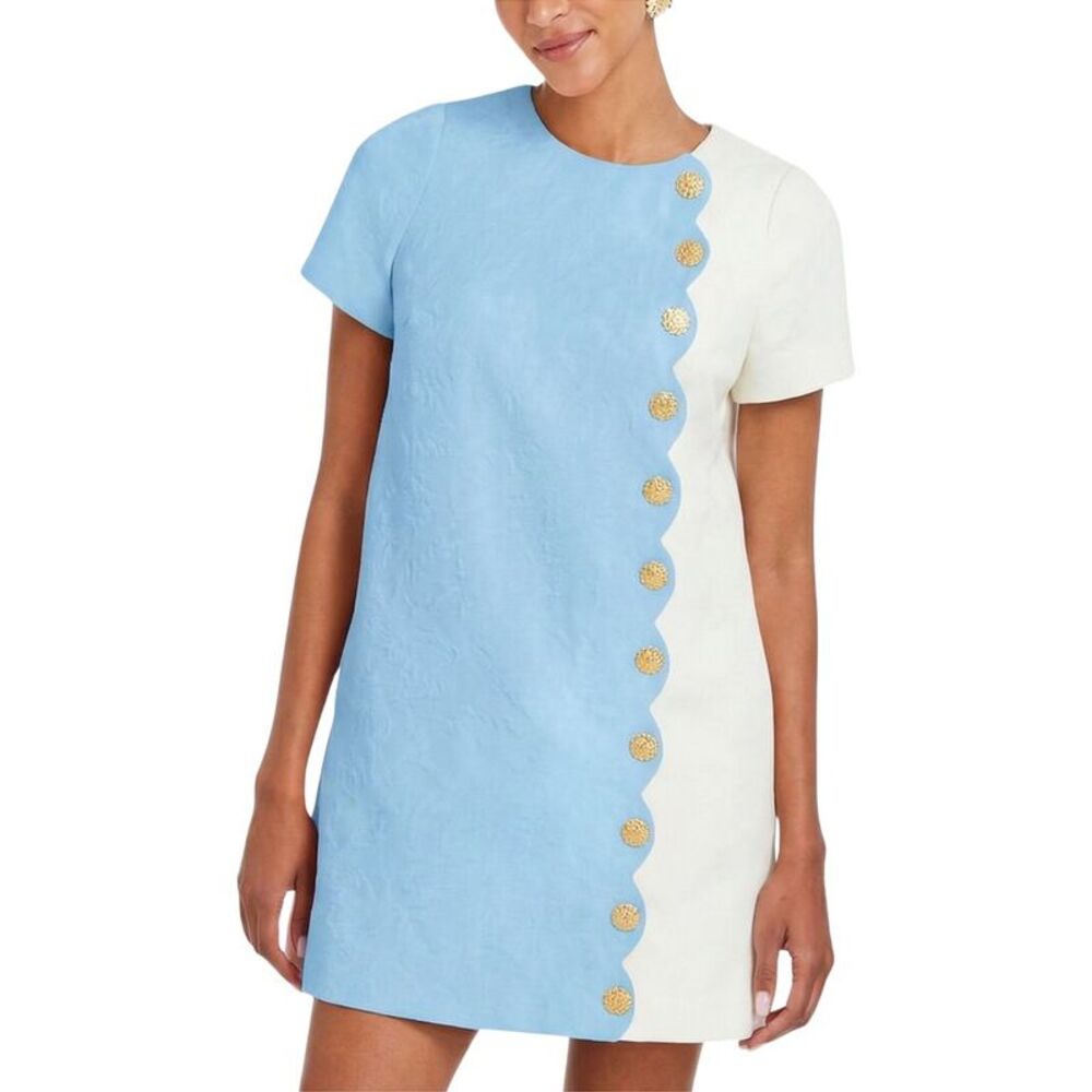 Two-Tone Scallop Button Mini Dress - Blue & White
